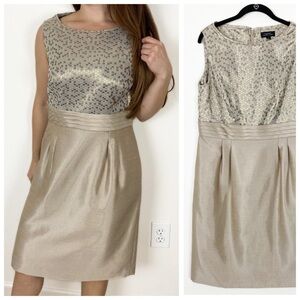 TAHARI ASL Gold Metallic Pleated Sheath Dress 12 Holiday Wedding Cocktail Party